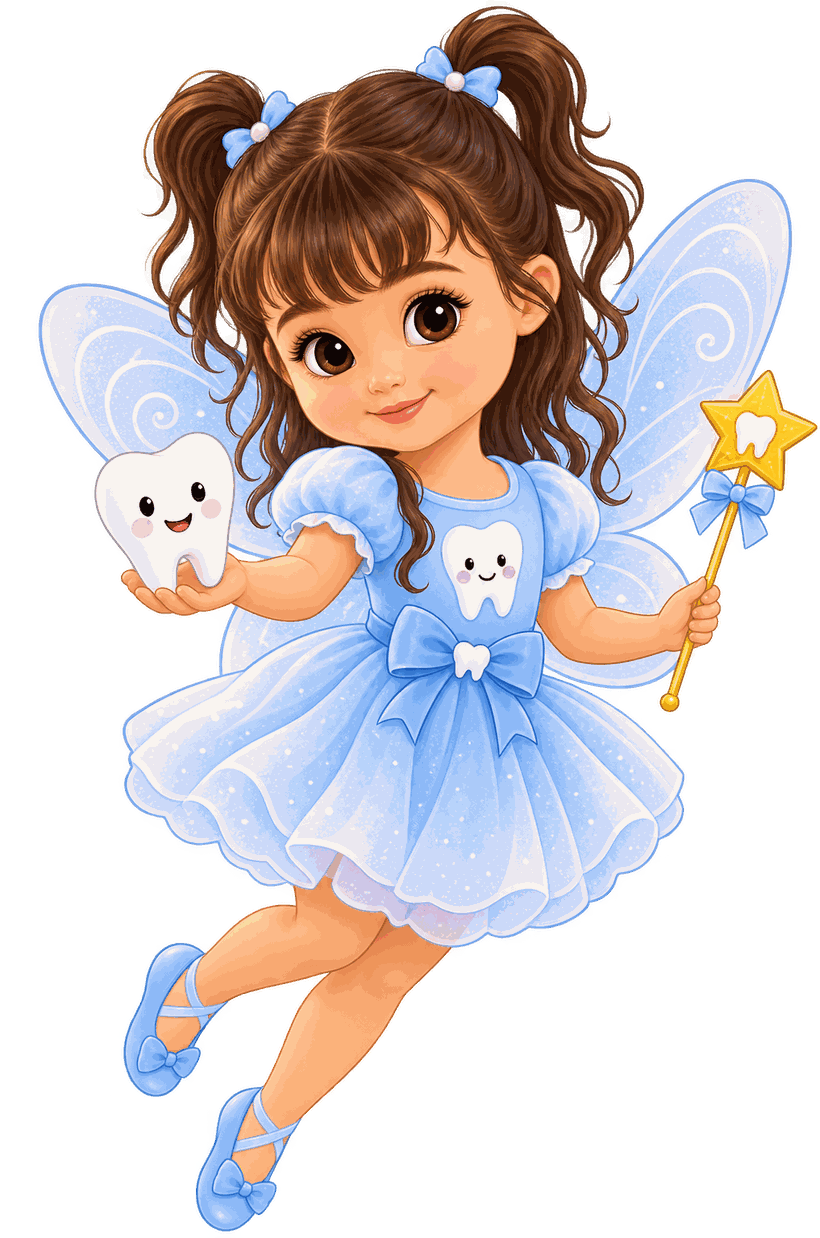 A Fada Mel, mascote virtual do site: uma fadinha de vestido azul segurando um dentinho sorridente e uma varinha em forma de estrela.